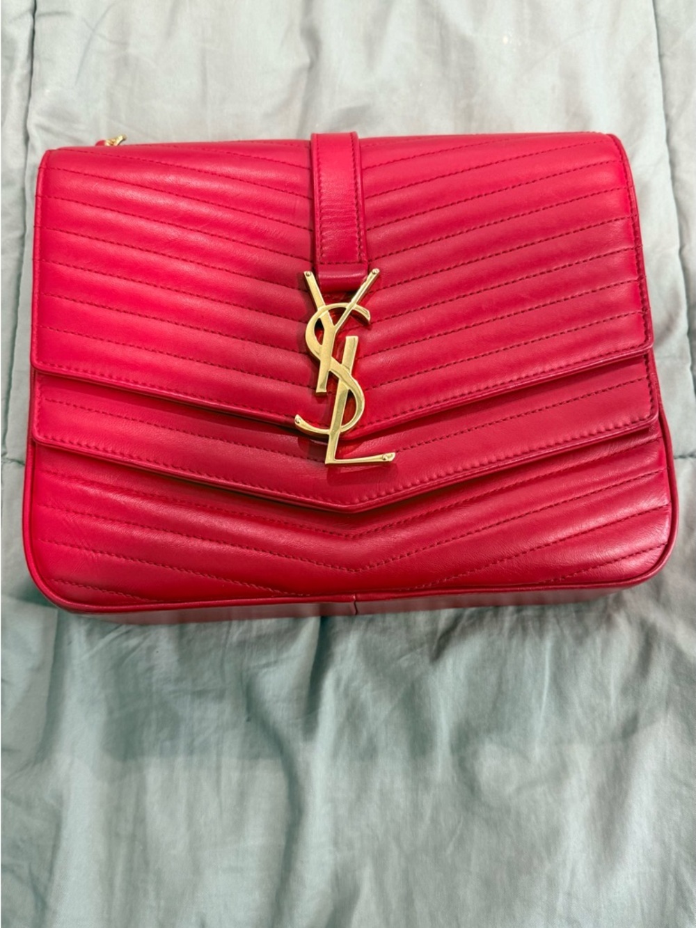 Saint Laurent Red Chevron Quilted Shoulder/Crossbody Bag with Gold YSL